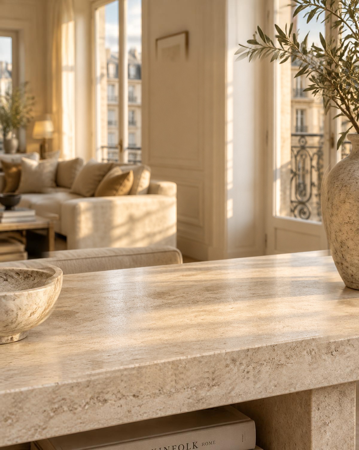Cadre Memory Frame en chêne posé sur une console dans un salon lumineux